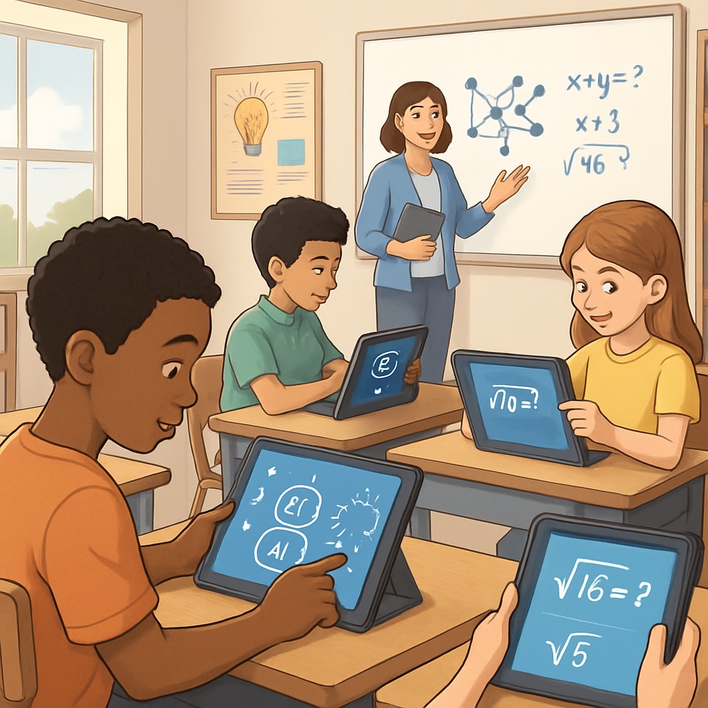Students interacting with AI-powered educational tools in a classroom.