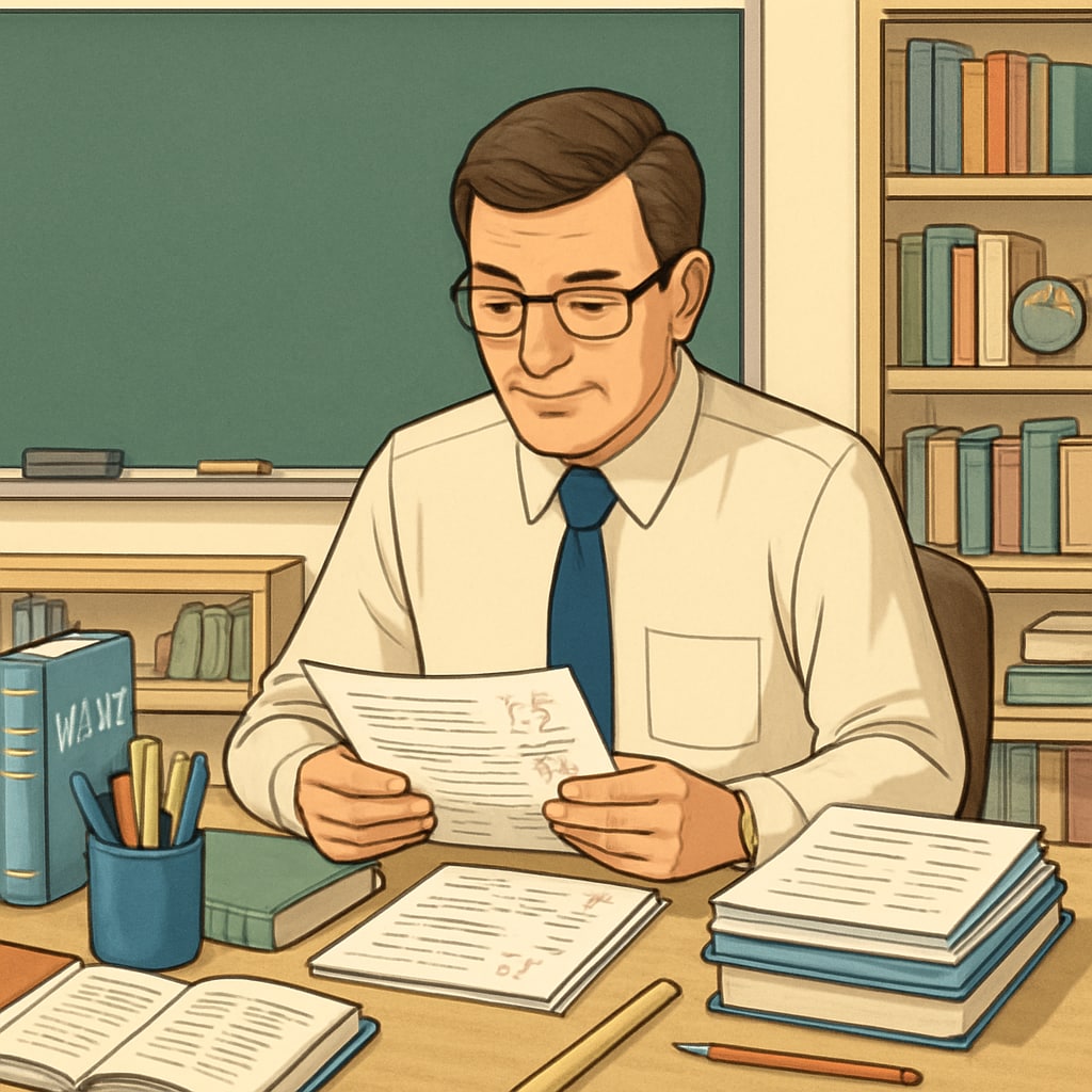 A teacher reviewing a set of student test papers in a classroom setting. Teacher analyzing student assessments in a classroom environment.