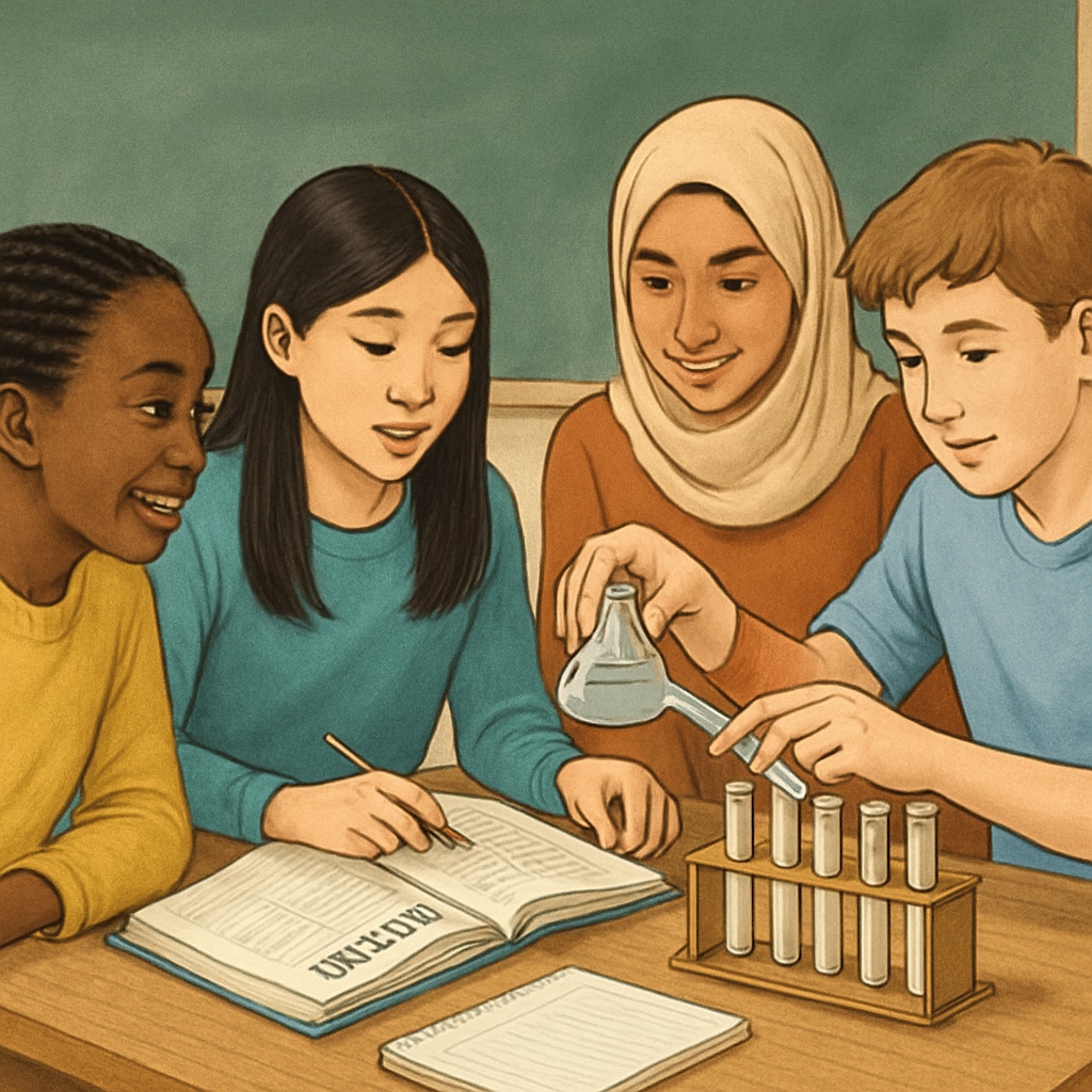 A diverse group of high school students, including ELLs, participating in a collaborative science experiment. High school students working on a science experiment together, including English language learners.