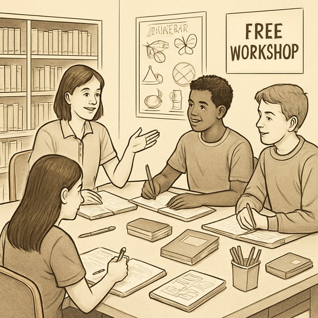 Students participating in a free workshop at a community center, sitting around a table with notebooks and learning materials. Students attending a community center workshop to access external learning resources.