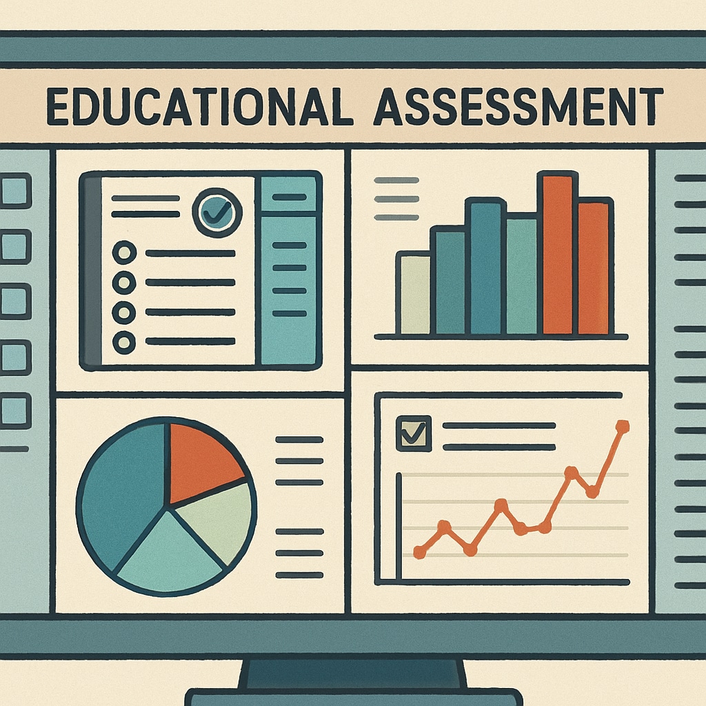 A digital interface showcasing various online educational assessment tools with graphs and charts. Online tools for educational assessments with data visualization.