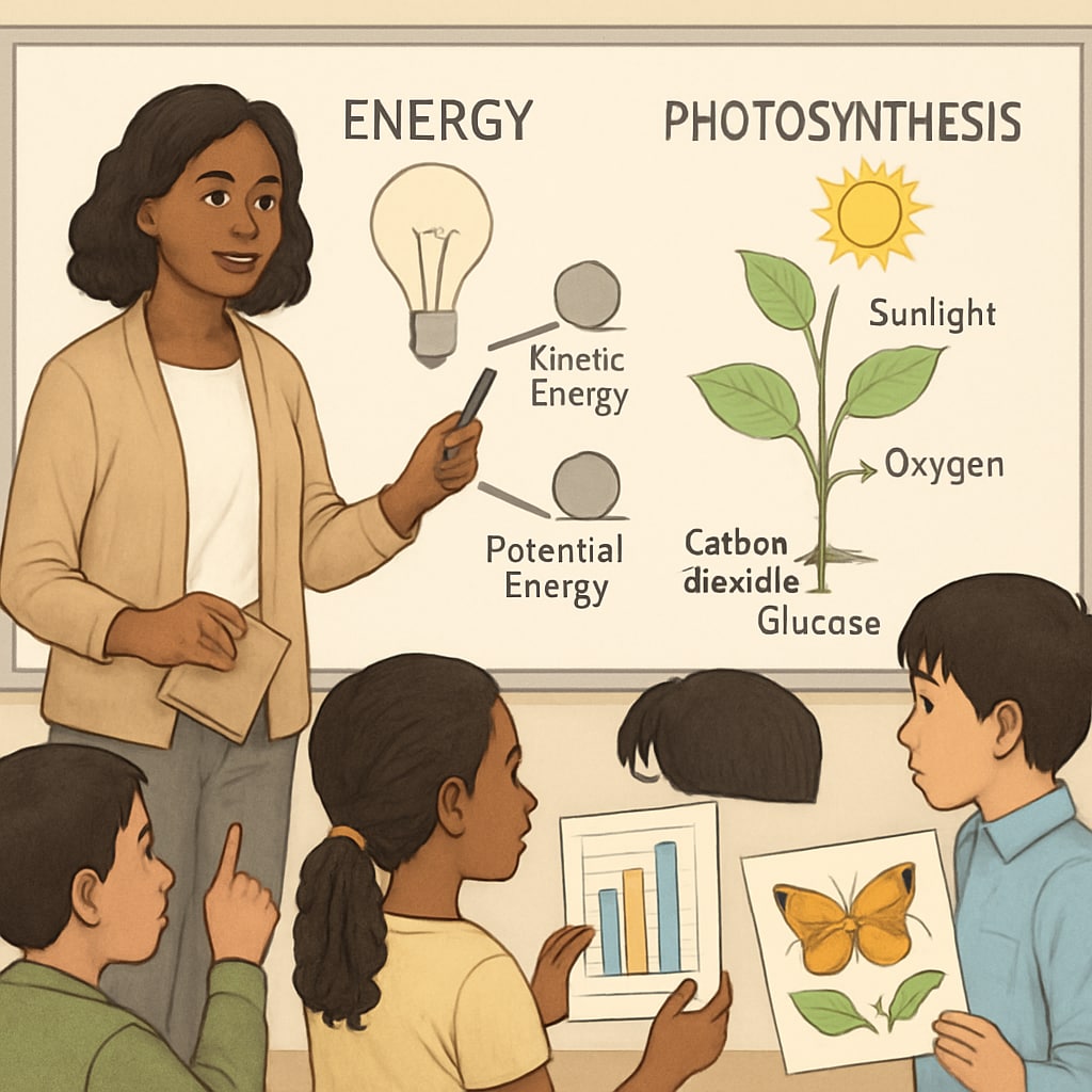 A teacher using a whiteboard to explain a science concept while ELLs engage with visual aids. Science teacher explaining concepts with visuals to support English language learners in understanding.