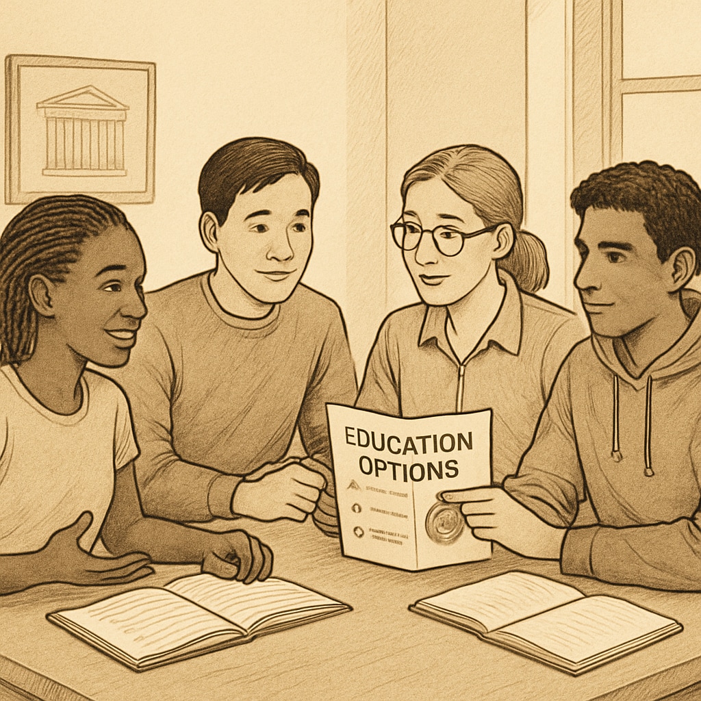 A group of diverse students discussing education options in a supportive setting. Students reviewing A-level exam results and exploring foundation course options.