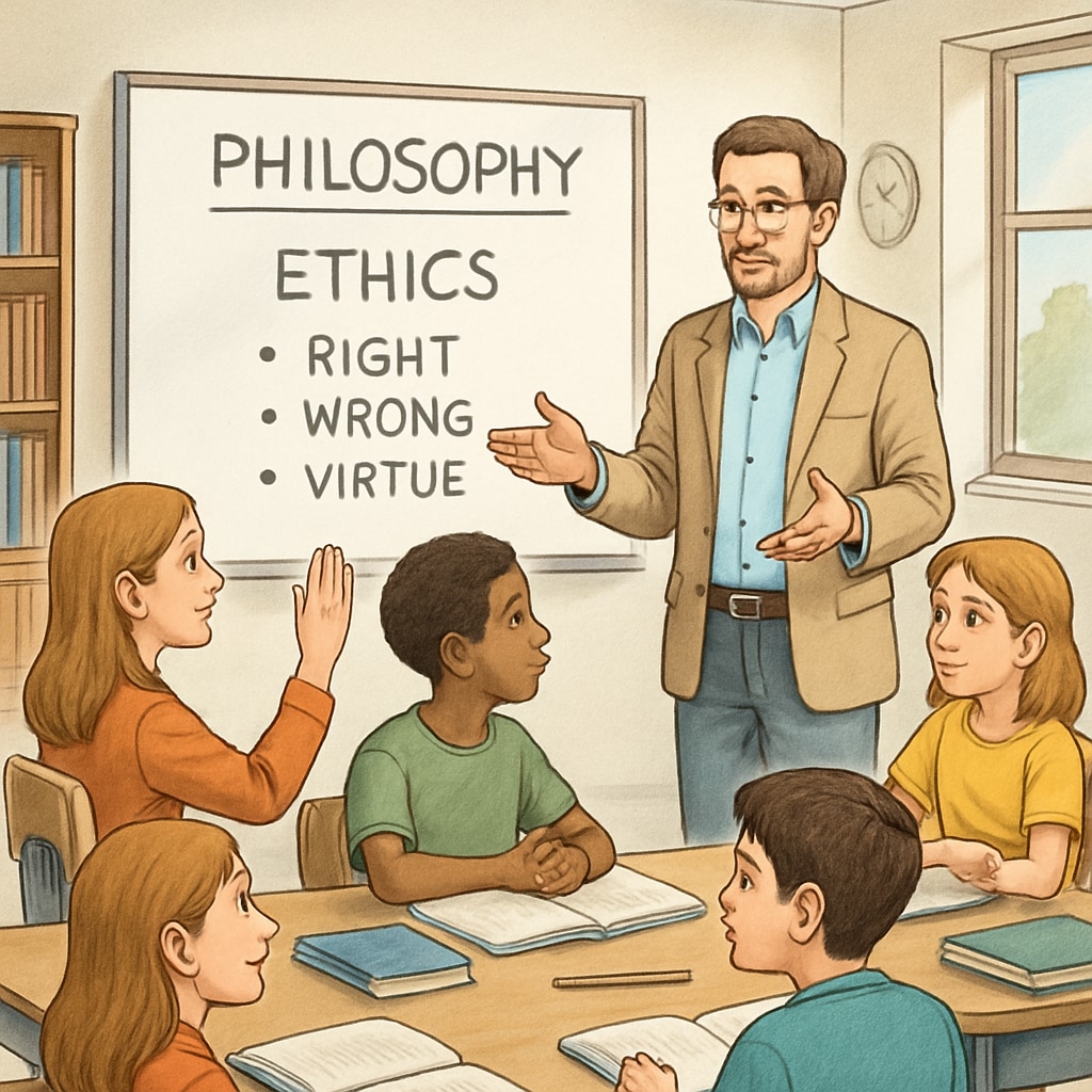 Philosophy teacher discussing ethics with middle school students in a classroom.