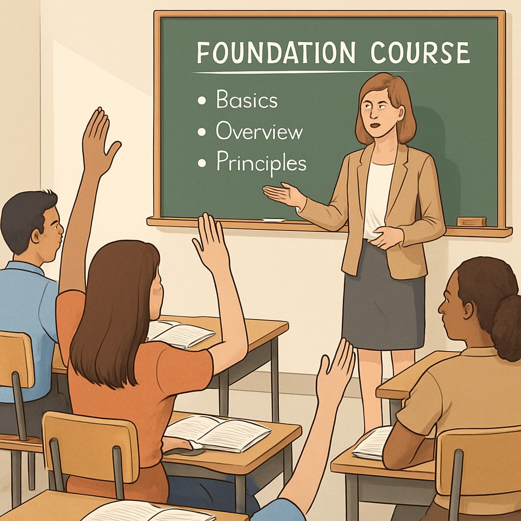 A classroom setting where students are engaged in a foundation course session. Students participating in a foundation course to prepare for university.