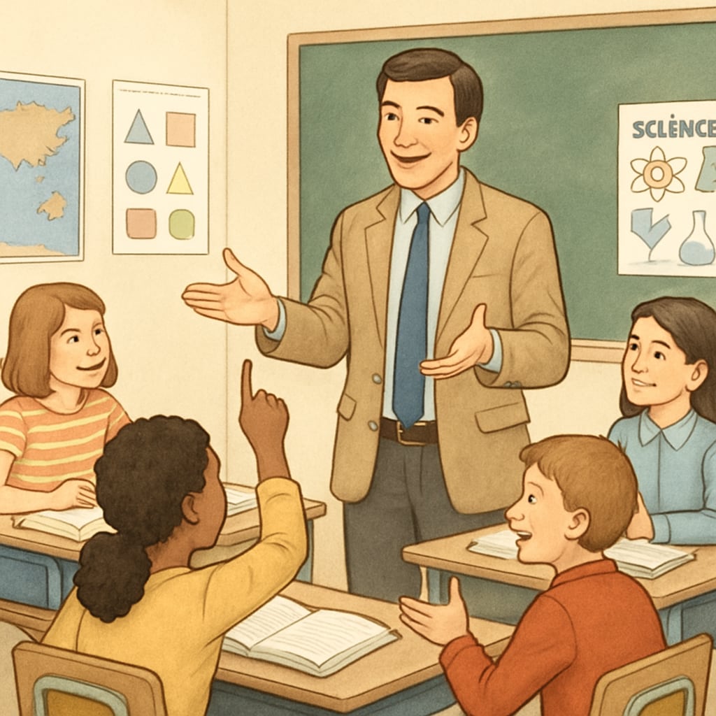 A teacher leading a classroom discussion, representing constructive and respectful education practices. Teacher leading a classroom discussion in an educational setting.