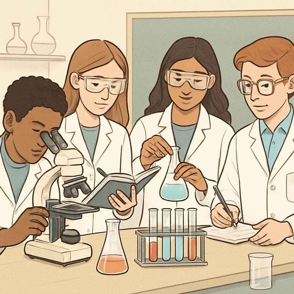 A visual showing a diverse group of students working together in a science lab, emphasizing collaboration and inclusivity. Diverse students collaborating in a science lab, promoting inclusivity for English Language Learners in science classrooms.