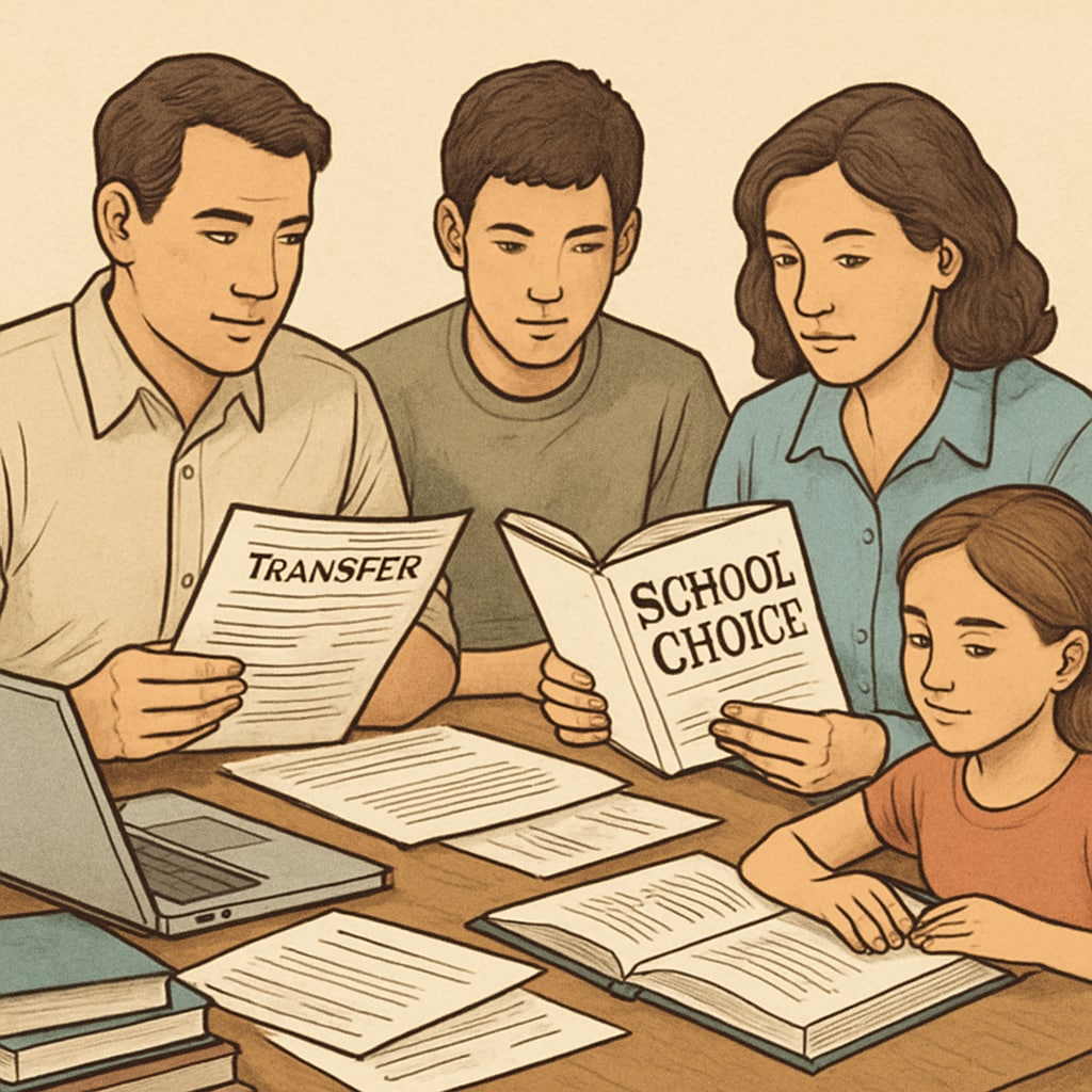 Family looking at school transfer forms, symbolizing the need for transparent processes in inter-district communication.