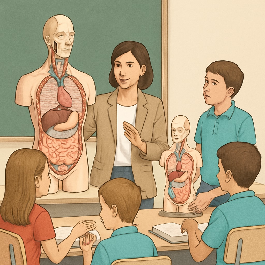 A classroom scene where a teacher uses biology models to teach students about the human body. The image showcases hands-on learning in a K-12 setting. Biology teacher using models to teach human anatomy in a classroom.
