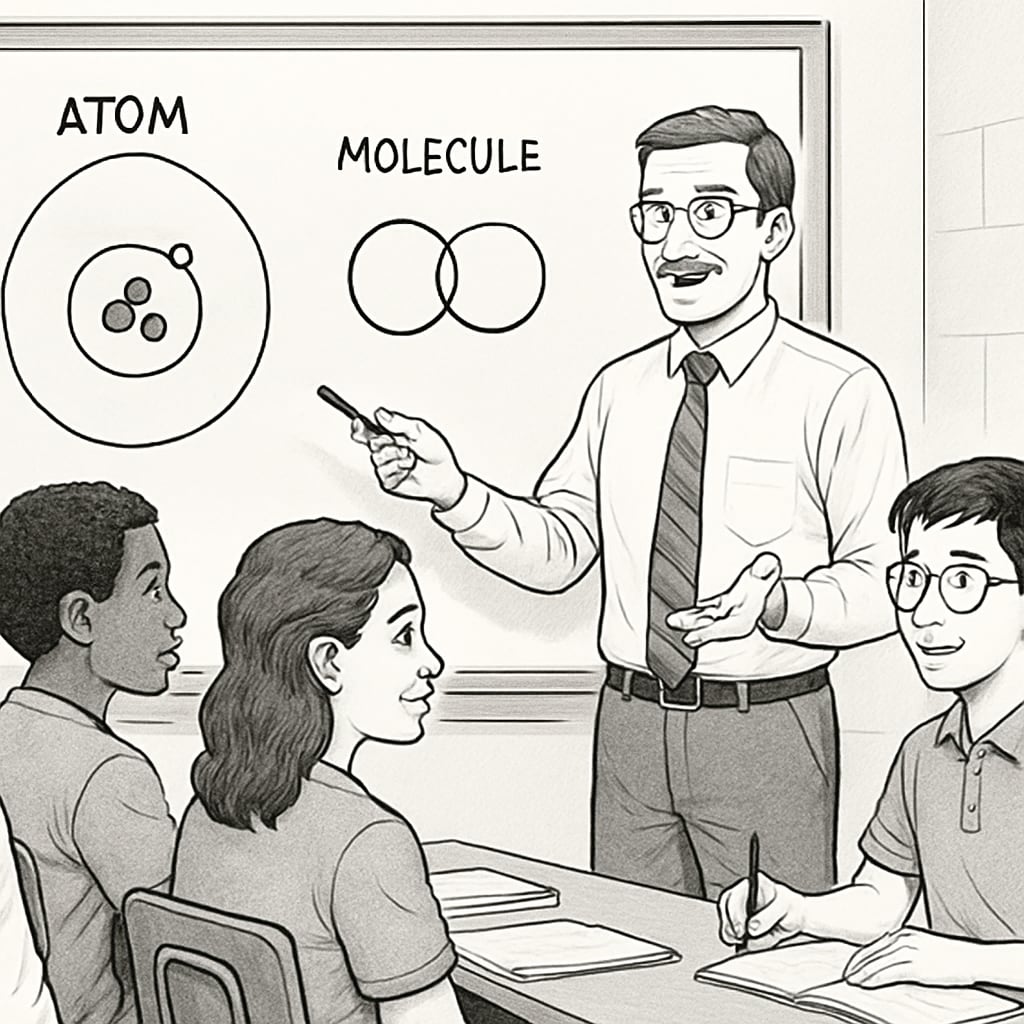 An image of a teacher explaining a scientific concept using a whiteboard and diagrams, surrounded by engaged students of diverse backgrounds. Teacher explaining science concepts with diagrams to a group of diverse students, fostering inclusion for ELLs.