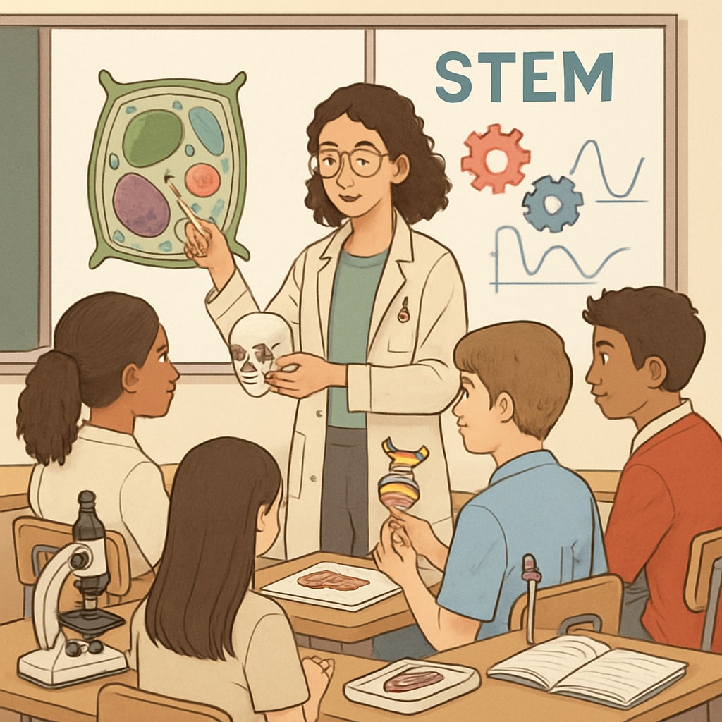A biology graduate presenting a STEM lesson to high school students, showcasing hands-on learning and engagement. STEM educator with a biology background teaching high school students using interactive methods.