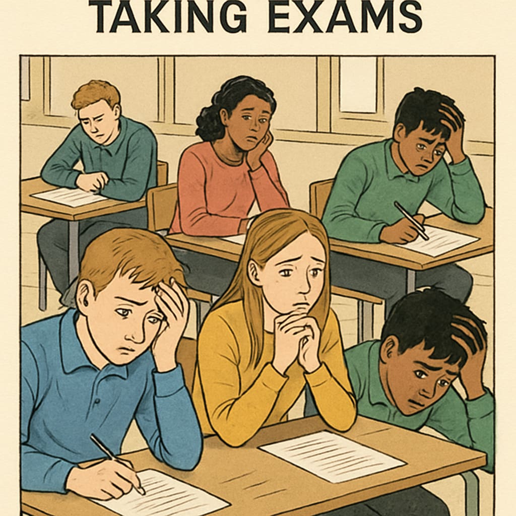 A group of students sitting anxiously in an examination hall, highlighting the pressure of GCSE exams. GCSE results, academic anxiety, and exam stress among students