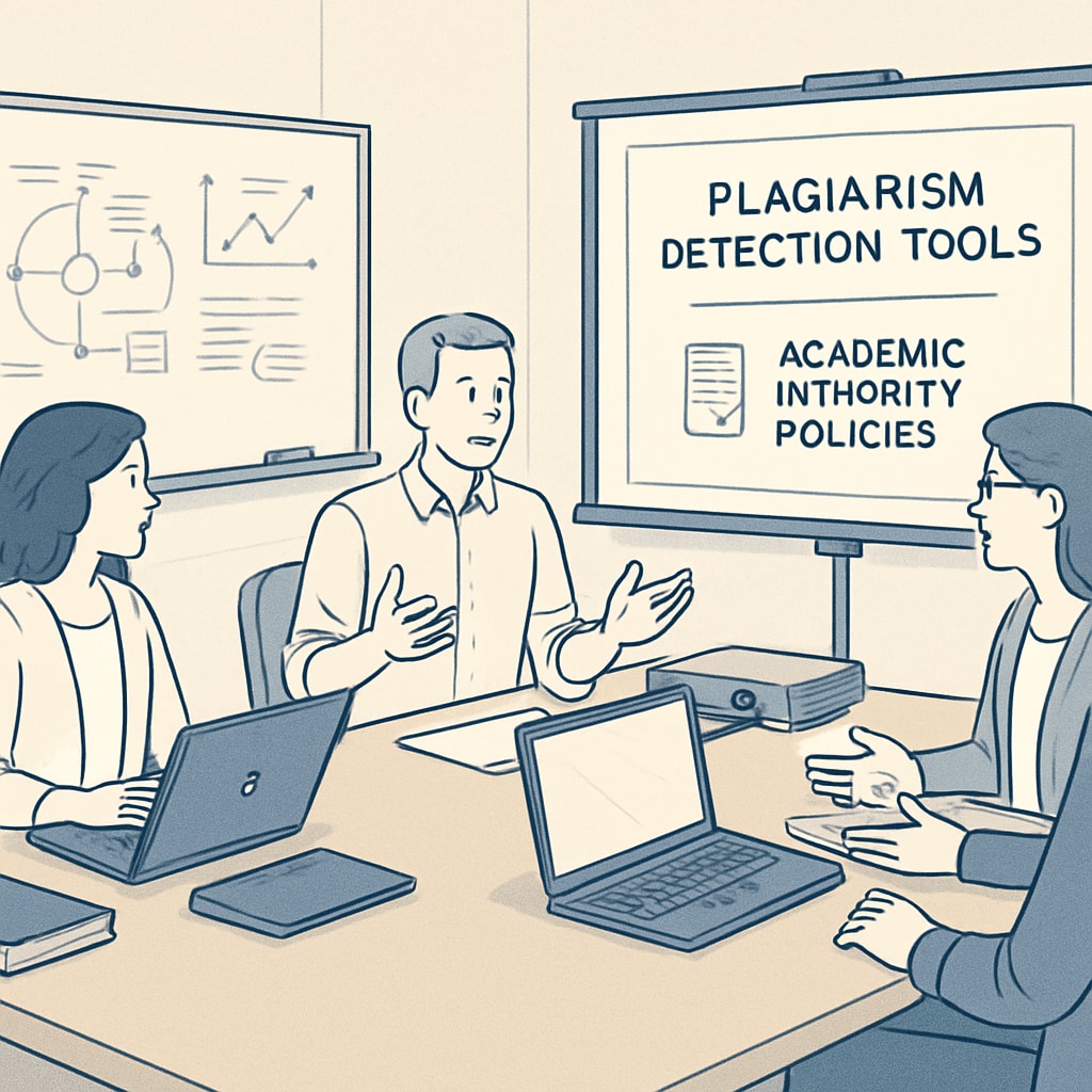 A workshop setting where educators are learning about plagiarism detection tools and academic integrity policies. Educators attending a workshop on plagiarism detection and academic integrity.