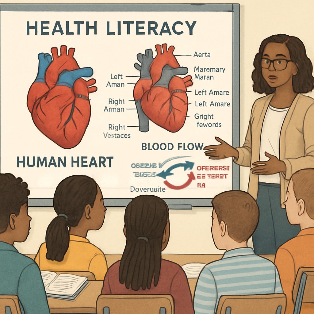 A diverse group of students participating in a health literacy workshop, discussing how the heart functions. Students learning about heart functions in a health literacy workshop.