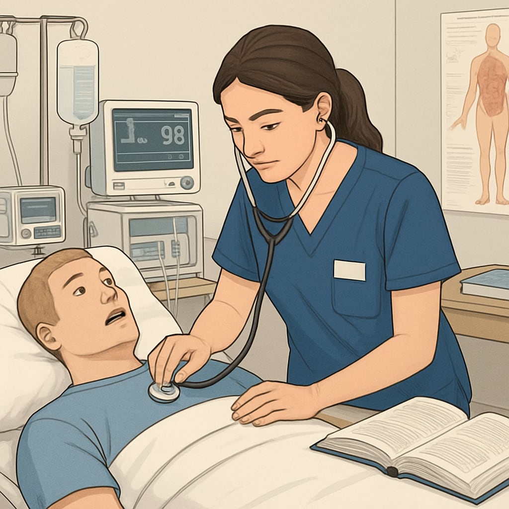 A nursing student practicing clinical skills in a simulation lab with medical equipment and a mannequin. Nursing student conducting clinical practice in simulation lab.