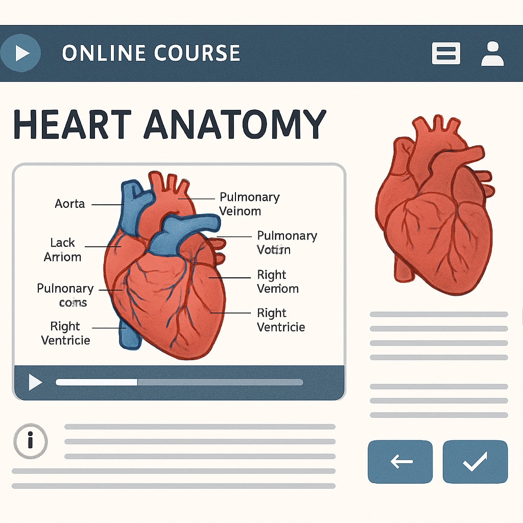 An online course interface showing a lesson on heart anatomy, complete with diagrams and interactive components. Online course module on heart anatomy with diagrams and quizzes.