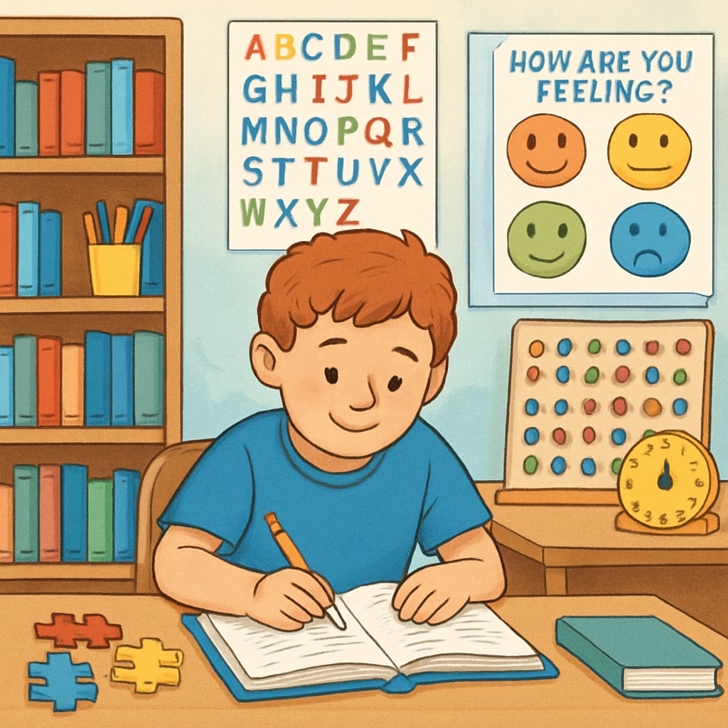 A student with learning challenges studying in a supportive environment, surrounded by tailored learning resources. Student with learning disabilities supported by personalized educational resources.