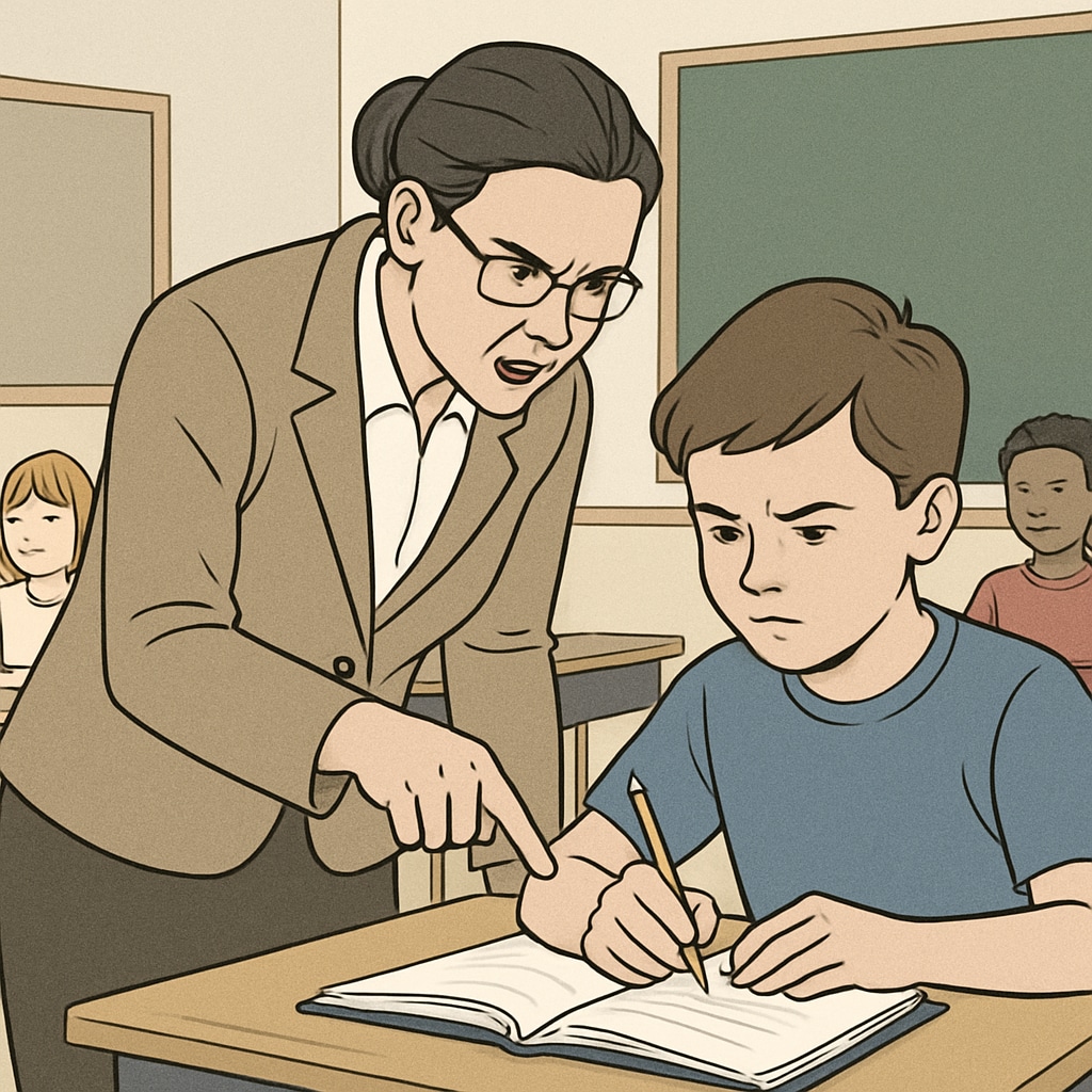A classroom setting with a teacher intensely guiding a student, symbolizing strict teaching methods. Strict teaching methods in education.