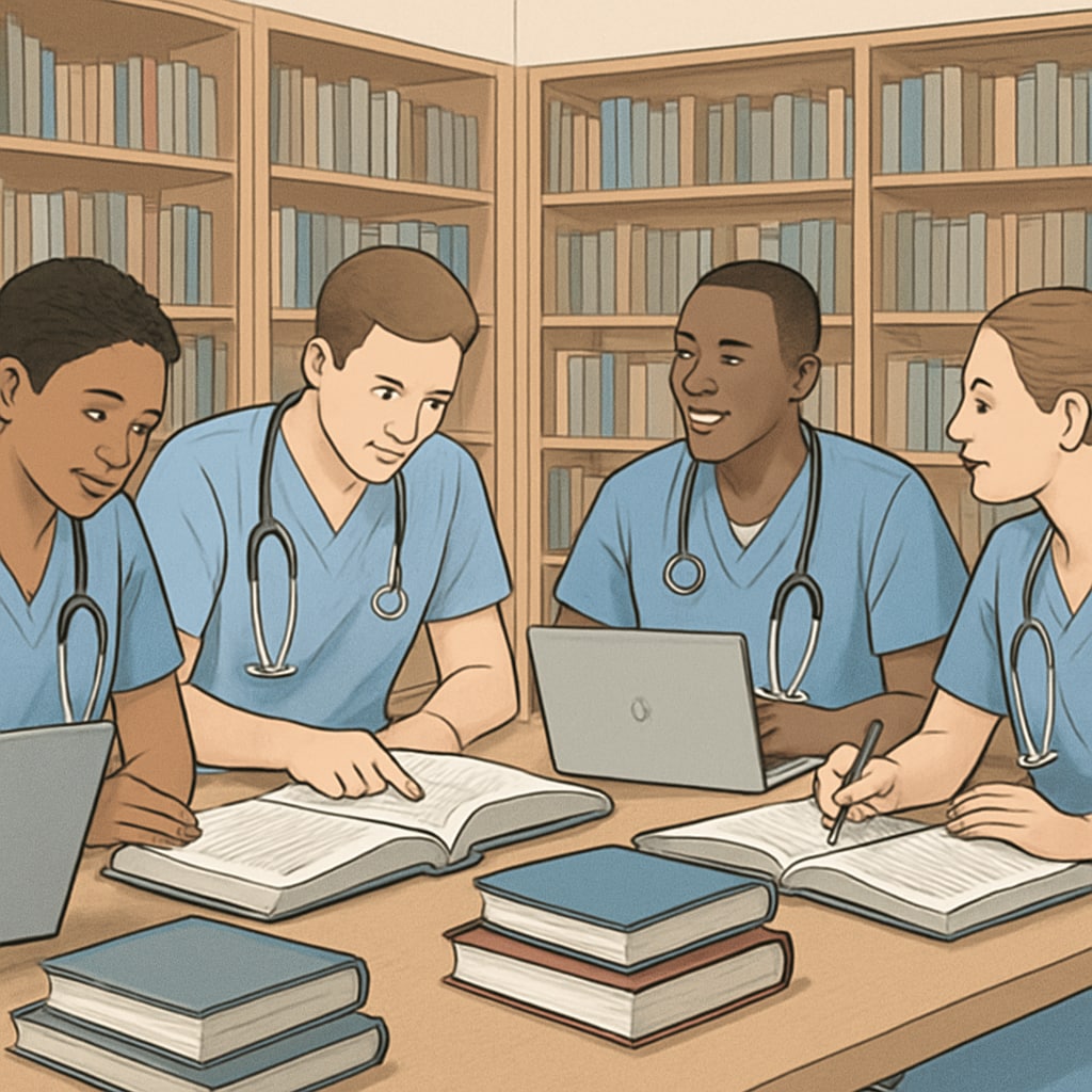 A group of nursing students collaborating in a library with textbooks and laptops. Nursing students studying together in a library.