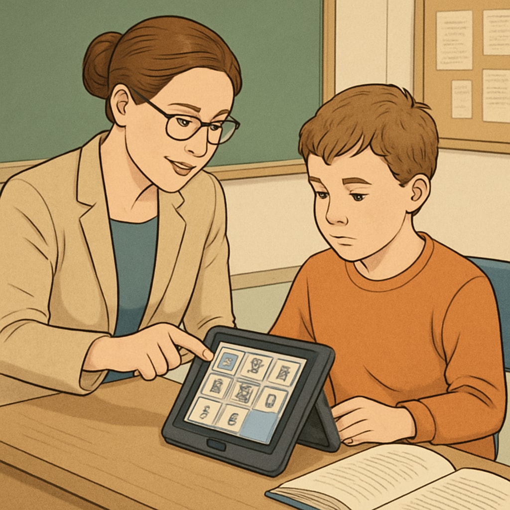 An educator using assistive technology to teach a student with learning disabilities. Teacher using assistive tools to help a student with learning difficulties.