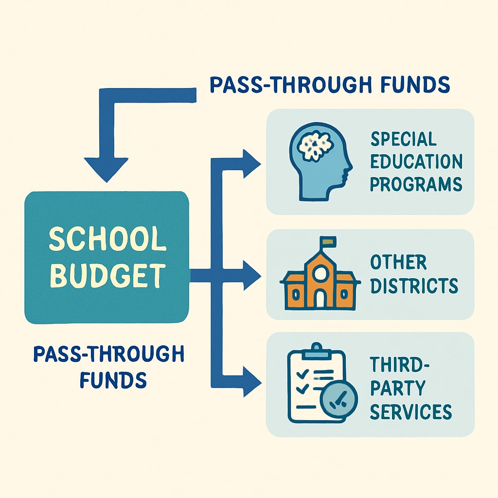A chart showing how pass-through funds flow through a school budget, detailing their allocation and redirection to external entities like special education programs or third-party services. Pass-through funds allocation chart in school budget