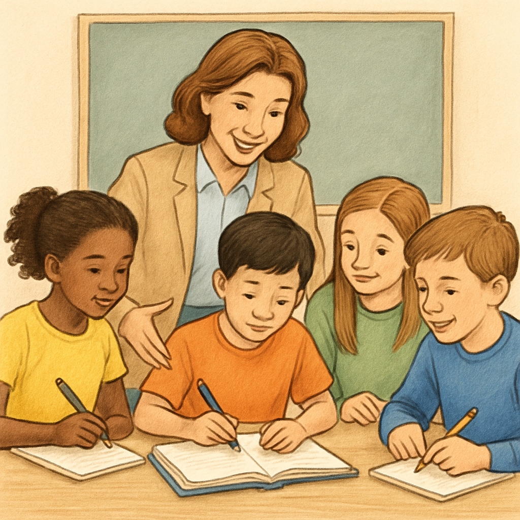 A teacher encouraging a group of students in a collaborative learning environment, symbolizing caring support. Caring support in education.