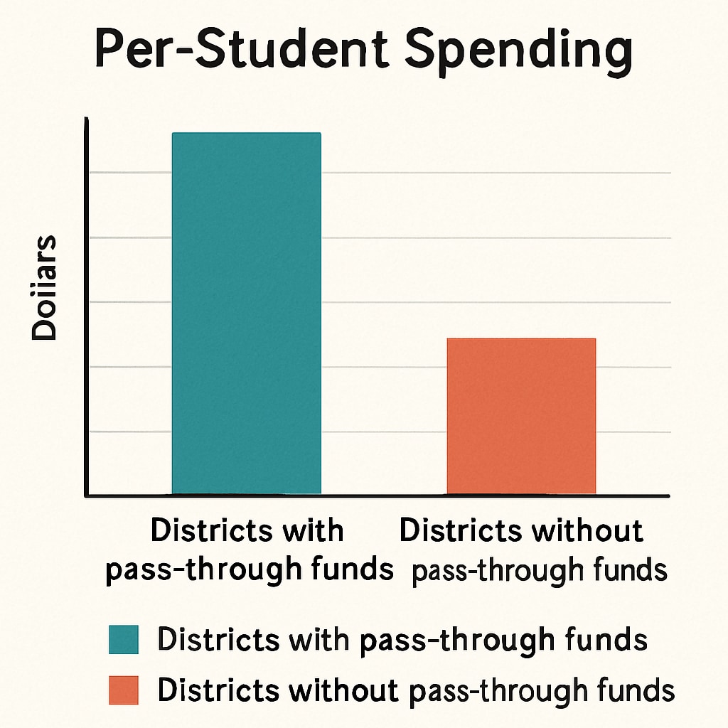 A graph comparing per-student spending across districts with and without pass-through funds, showing discrepancies in perceived funding levels. Graph comparing per-student spending with and without pass-through funds