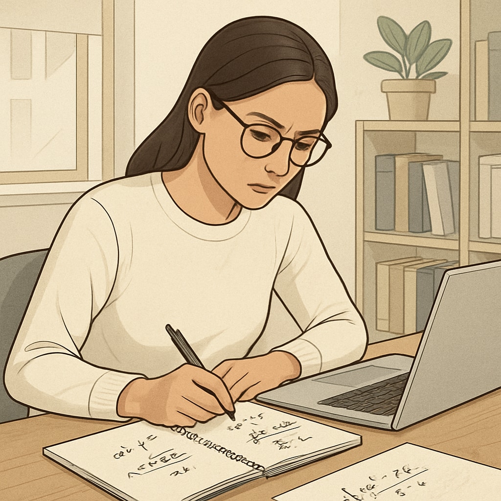 A woman studying math at her desk, with a laptop open and a notebook nearby. She appears focused and determined. Math ability test preparation for campus recruitment, featuring a woman studying at her desk.