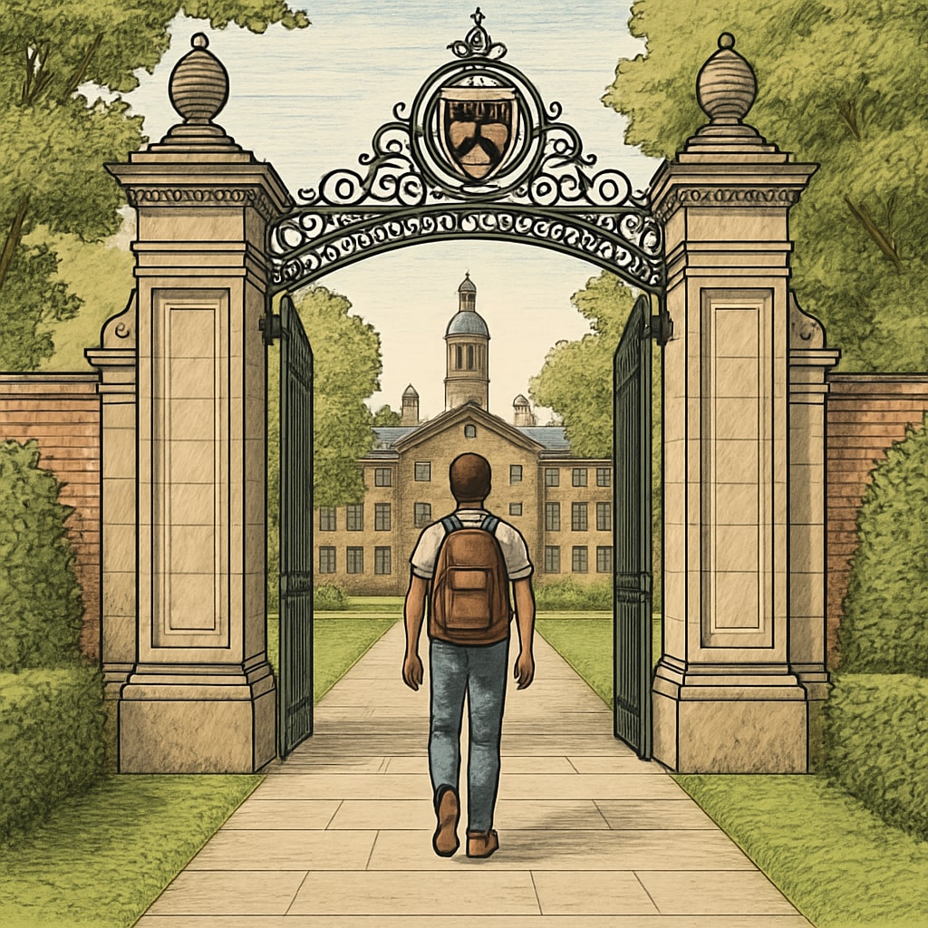 A student walks through the gates of Princeton University, symbolizing the exclusivity and prestige of Ivy League institutions. Princeton University gates, reflecting Ivy League prestige.