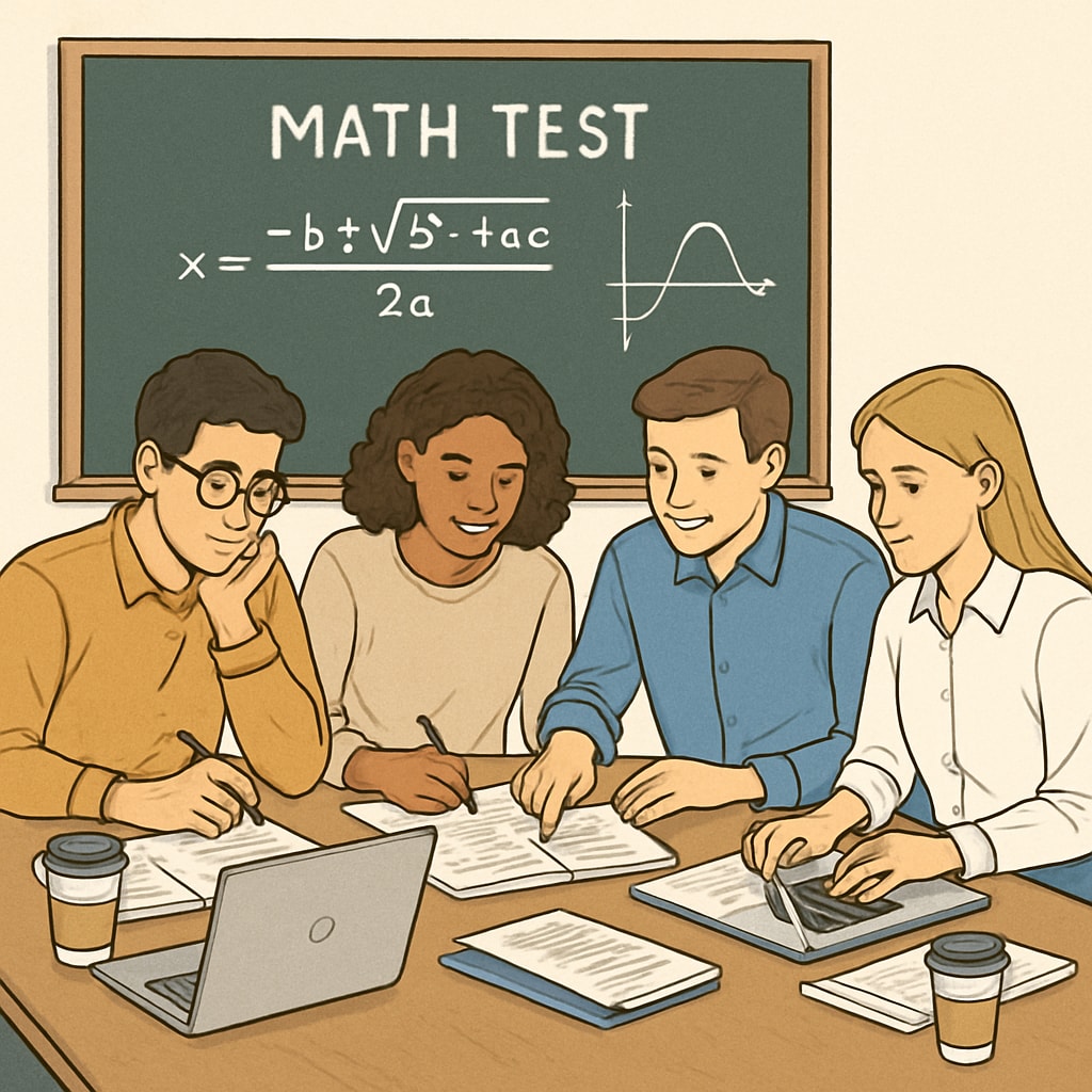 A group of young professionals preparing for a math test together, with laptops, notebooks, and coffee cups on the table. Collaborative math test preparation for campus recruitment, featuring a study group.
