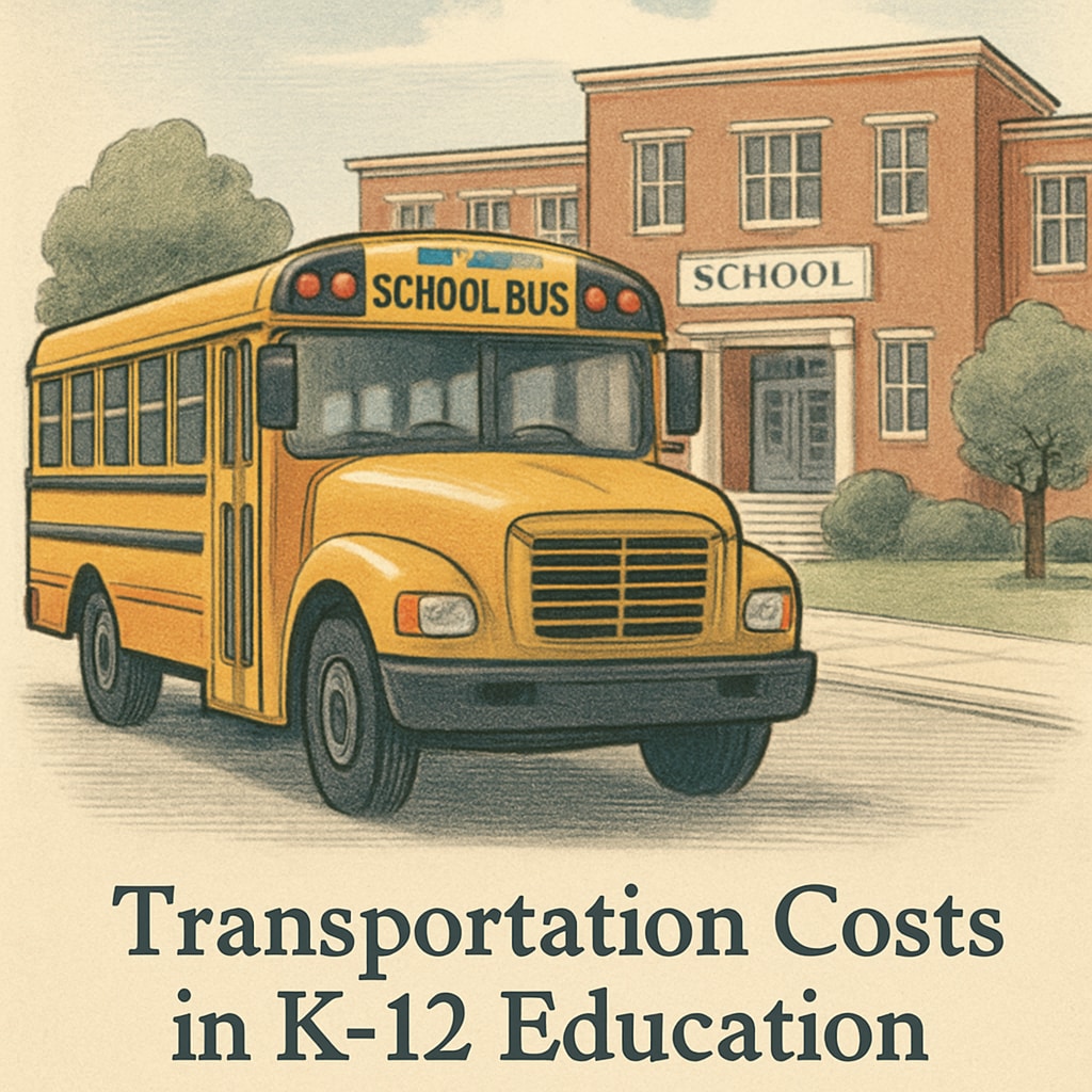 A school bus parked in front of a school, symbolizing transportation costs in K-12 education. School bus representing transportation costs in per-student spending data.