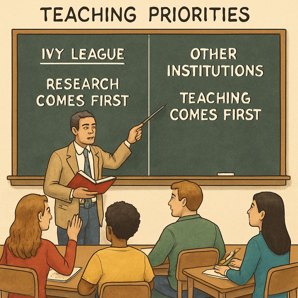 A classroom with engaged students and a professor, illustrating the difference in teaching priorities between Ivy League schools and other institutions. A professor teaching a small class, contrasting Ivy League educational quality.