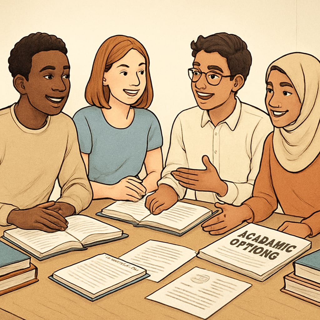 A diverse group of students discussing academic options, symbolizing hope and new beginnings. Group of students discussing A-Level exam failure and educational options.