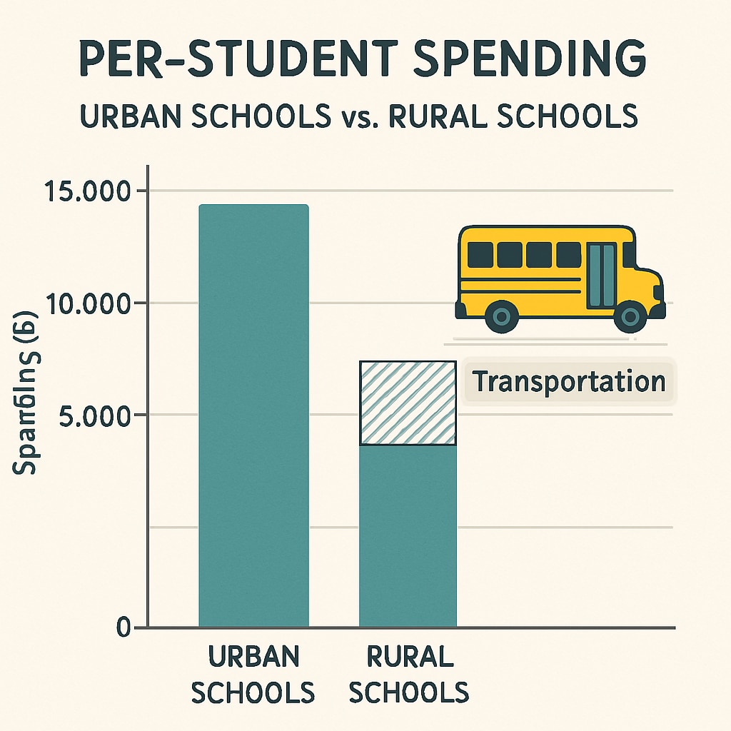 A bar graph comparing per-student spending in urban vs. rural schools, highlighting transportation costs. Bar graph showing the impact of transportation costs on per-student spending.