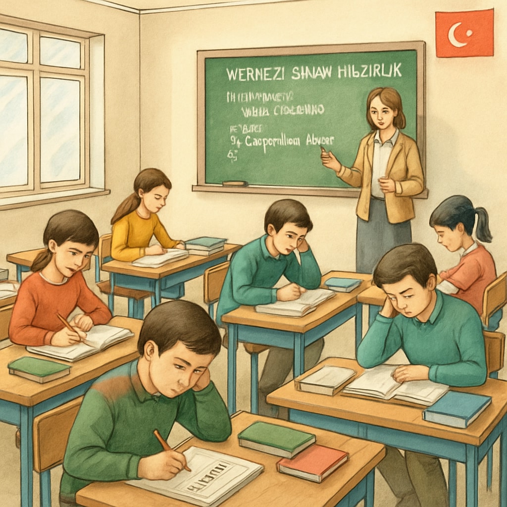A classroom in Turkey with students preparing for a centralized exam. Students in Turkey preparing for a centralized exam, highlighting exam pressure.
