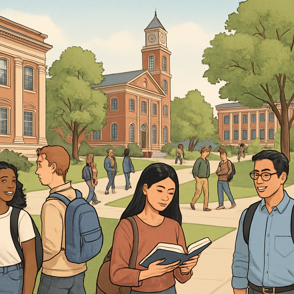 A university campus with students walking, symbolizing diverse academic opportunities. University campus showcasing options for students post-A-Level exams.