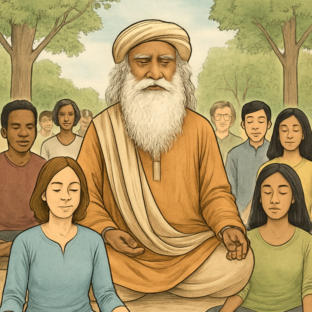 Sadhguru leading a meditation session, symbolizing mindfulness in leadership. Sadhguru meditation session, demonstrating mindfulness for women entrepreneurs.