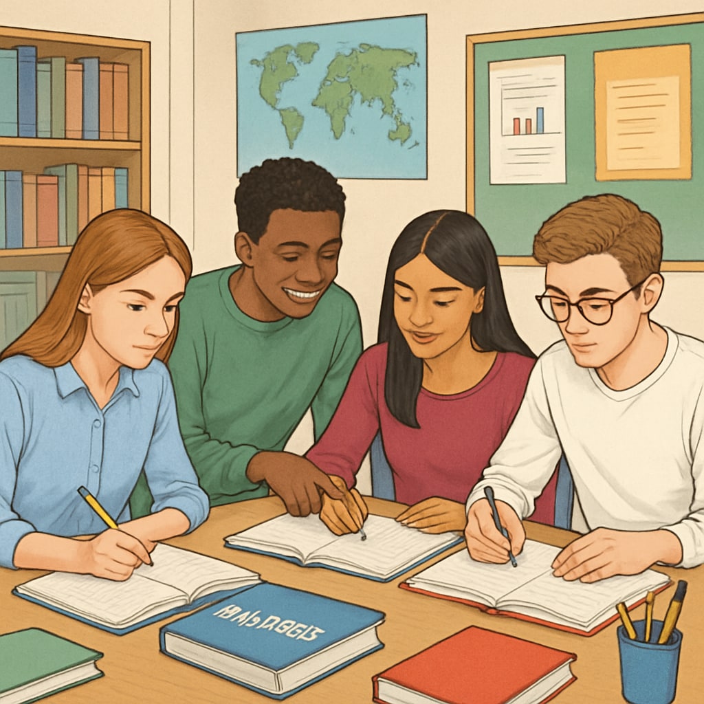 A diverse group of students in the UK engaged in A Levels coursework. UK students working on A Levels coursework, showcasing flexible education systems.