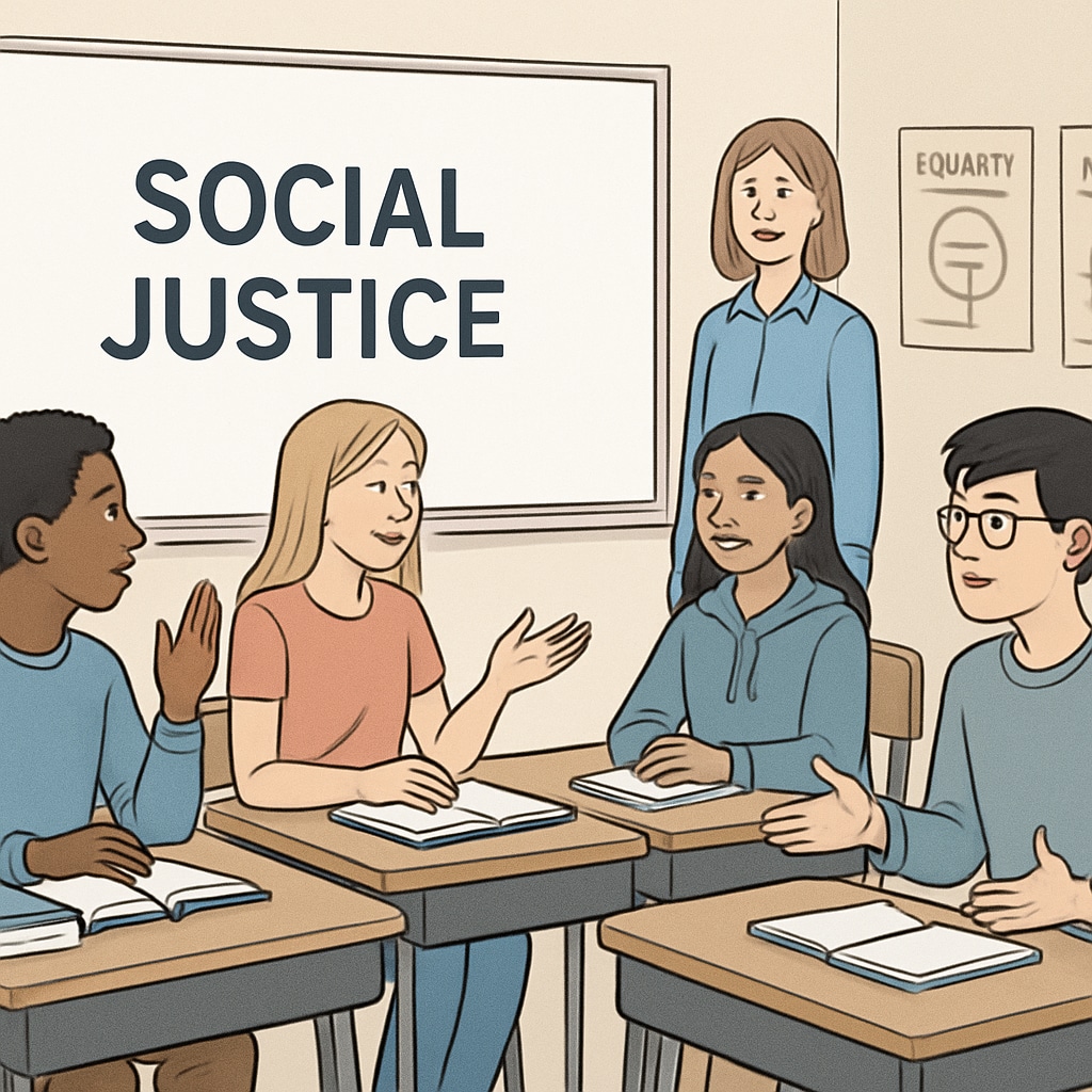 High-school students discussing social justice topics in a classroom setting.