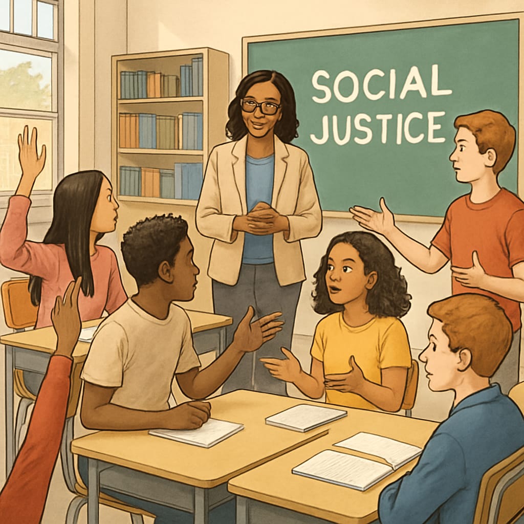 A classroom discussion with diverse students engaged in a debate about social justice issues, representing wokeness in education. Diverse students discussing wokeness in a classroom setting.