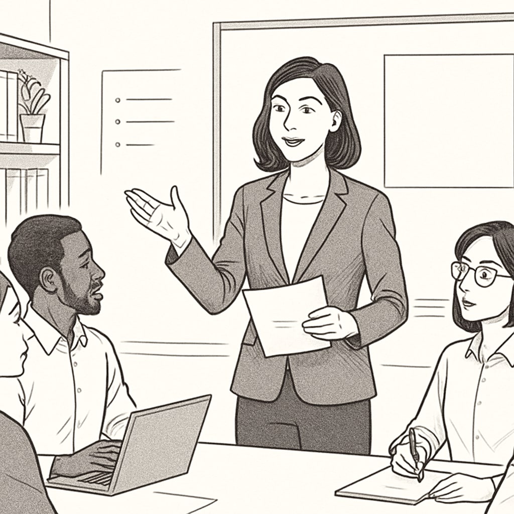 A female entrepreneur addressing her team, showcasing confident and clear communication. Woman entrepreneur communicating with her team, illustrating leadership skills.