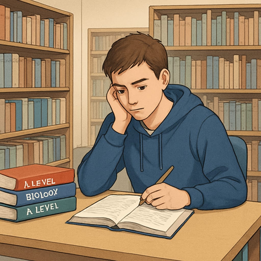 A student reviewing textbooks for A-level re-sits at a quiet library. A student preparing for A-level exam re-sits in a library, focusing on textbooks.