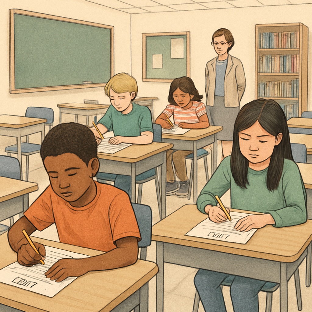 A classroom filled with students taking standardized tests, illustrating the global emphasis on educational assessment. Classroom of students taking standardized tests.