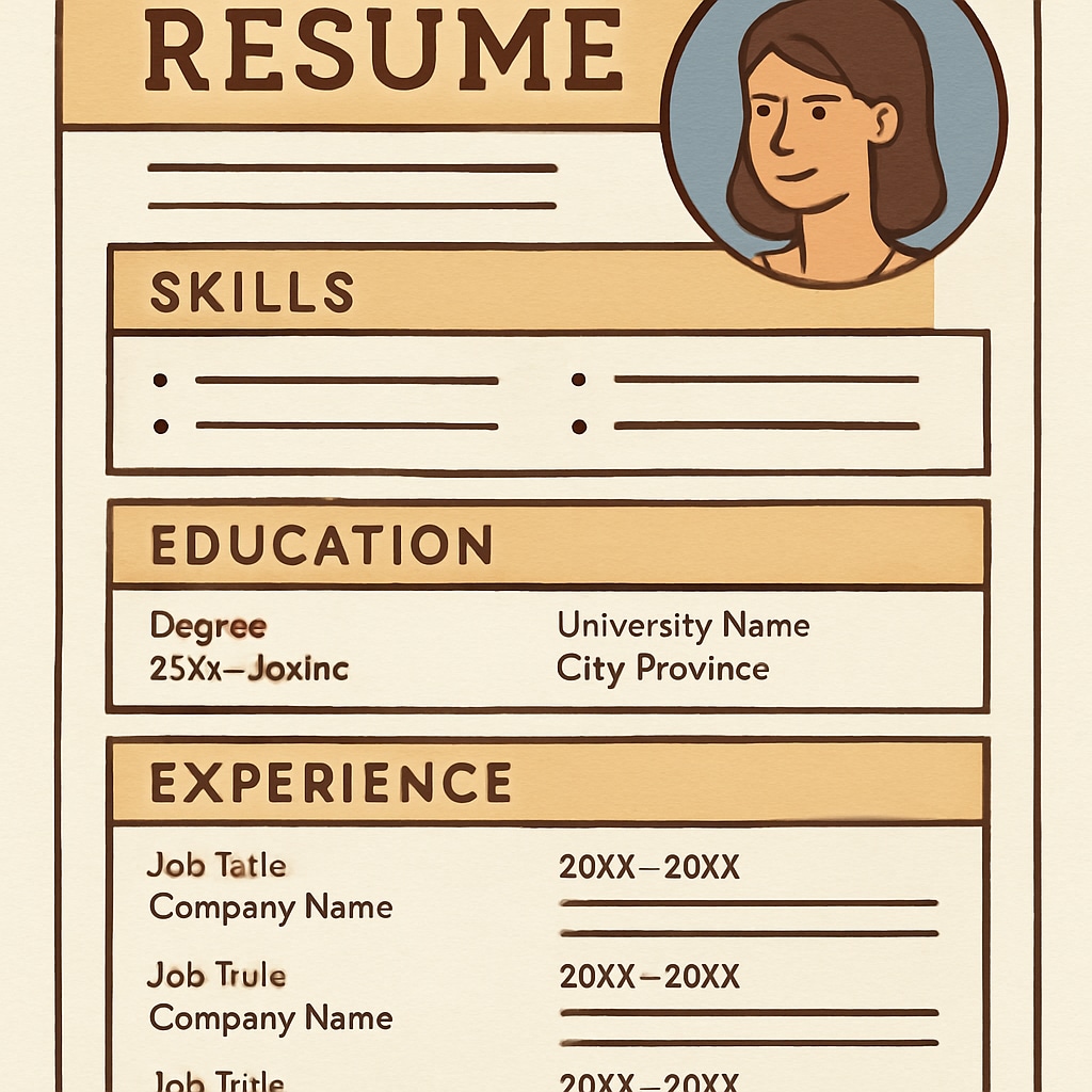 A well-organized Canadian resume template with clear sections such as skills, education, and experience. Canadian resume template showcasing skills, education, and experience.