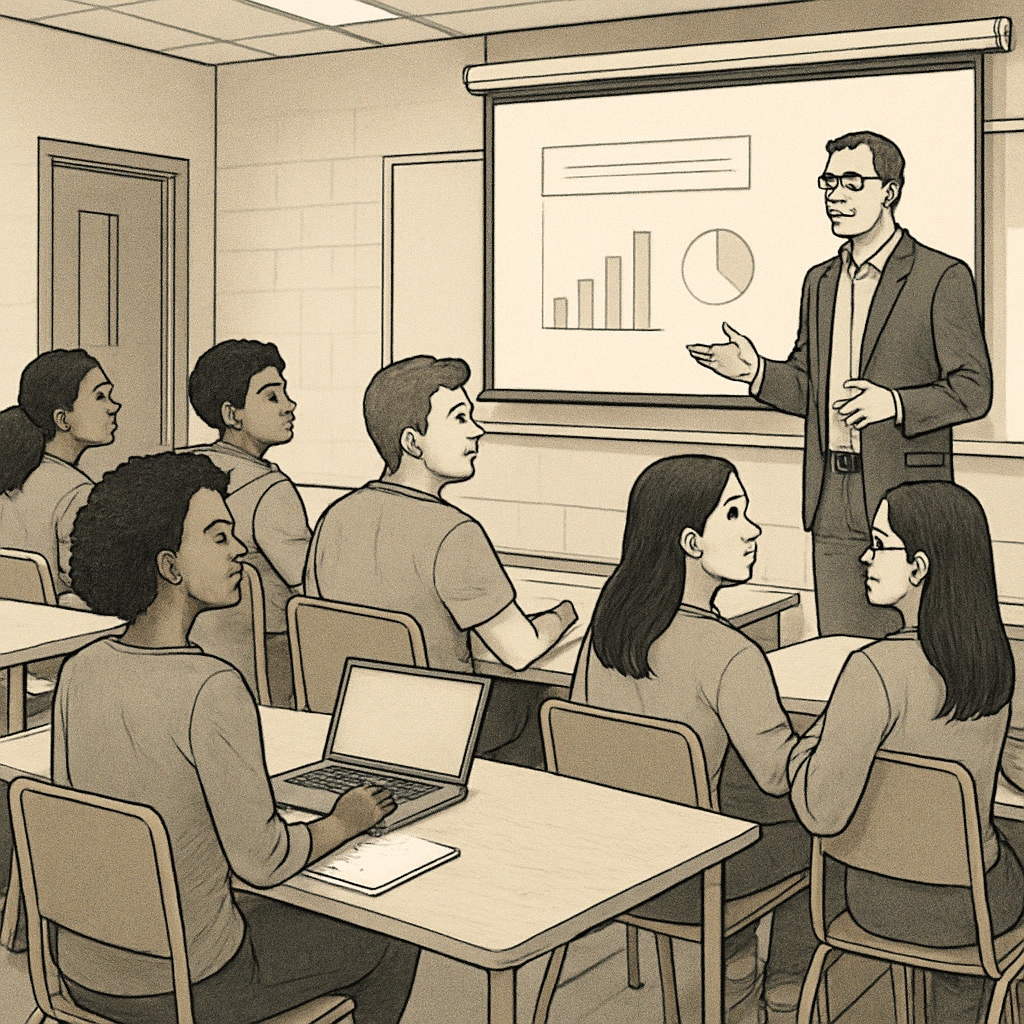 A diverse group of students attending a lecture at a mid-tier university. Students at a mid-tier university lecture, reflecting diverse education choices.