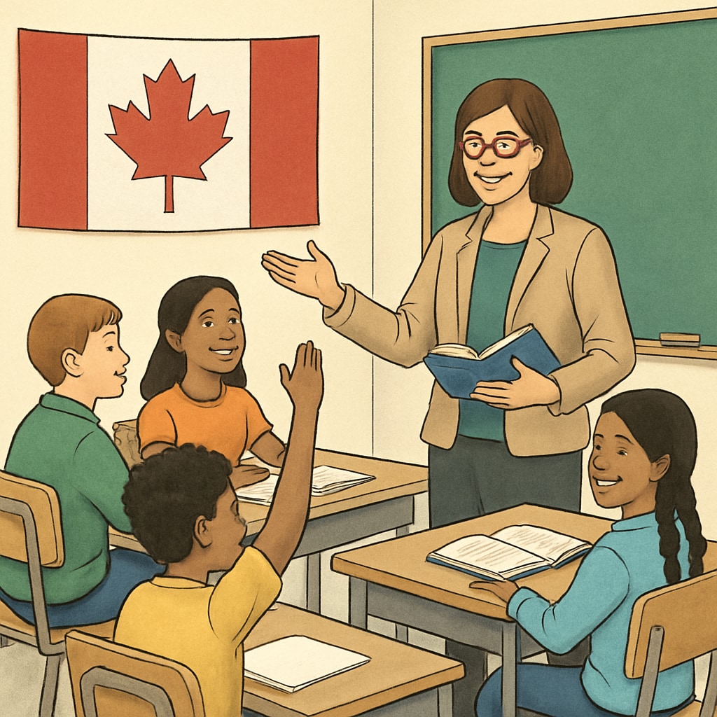 A professional educator teaching a diverse group of students in a Canadian classroom, highlighting inclusivity and engagement. Canadian classroom with a teacher and diverse students, emphasizing inclusivity.