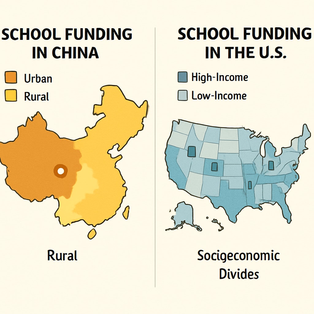 A comparative map showing disparities in school funding between urban and rural areas in China and socioeconomic divides in the U.S. Map showing disparities in school funding between U.S. and China.