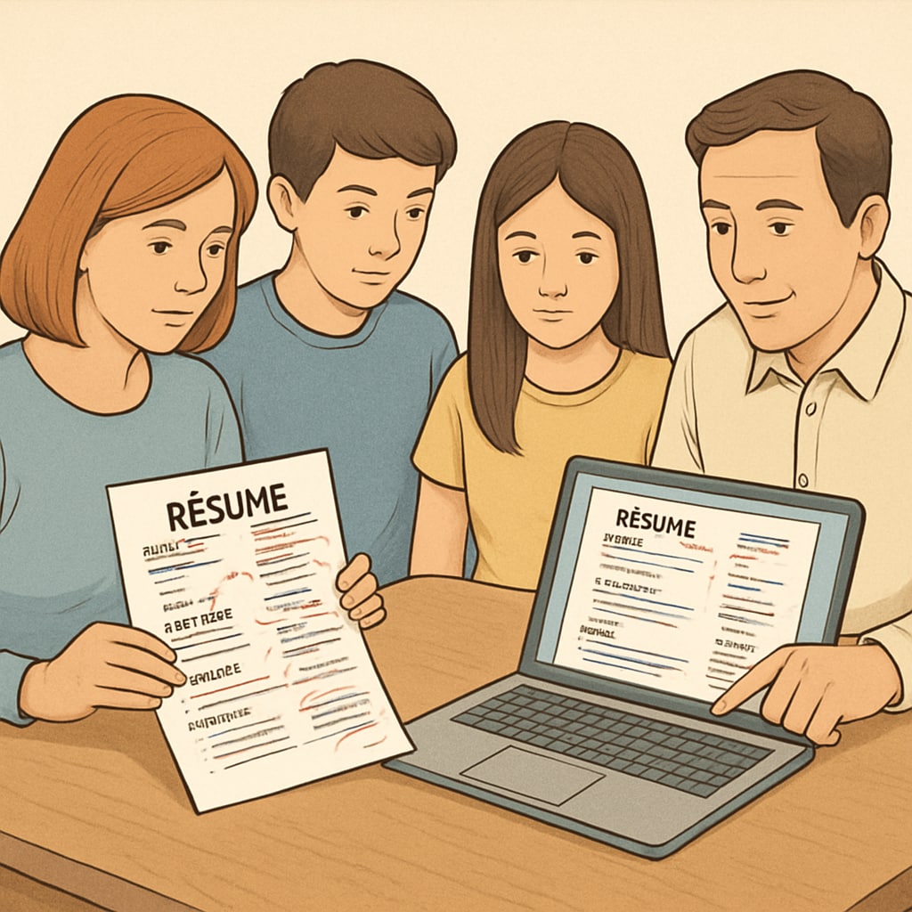 Parents and children reviewing a student’s resume together, with notes and edits visible on paper or a computer screen. Parents helping their child edit a resume for Canadian job applications.
