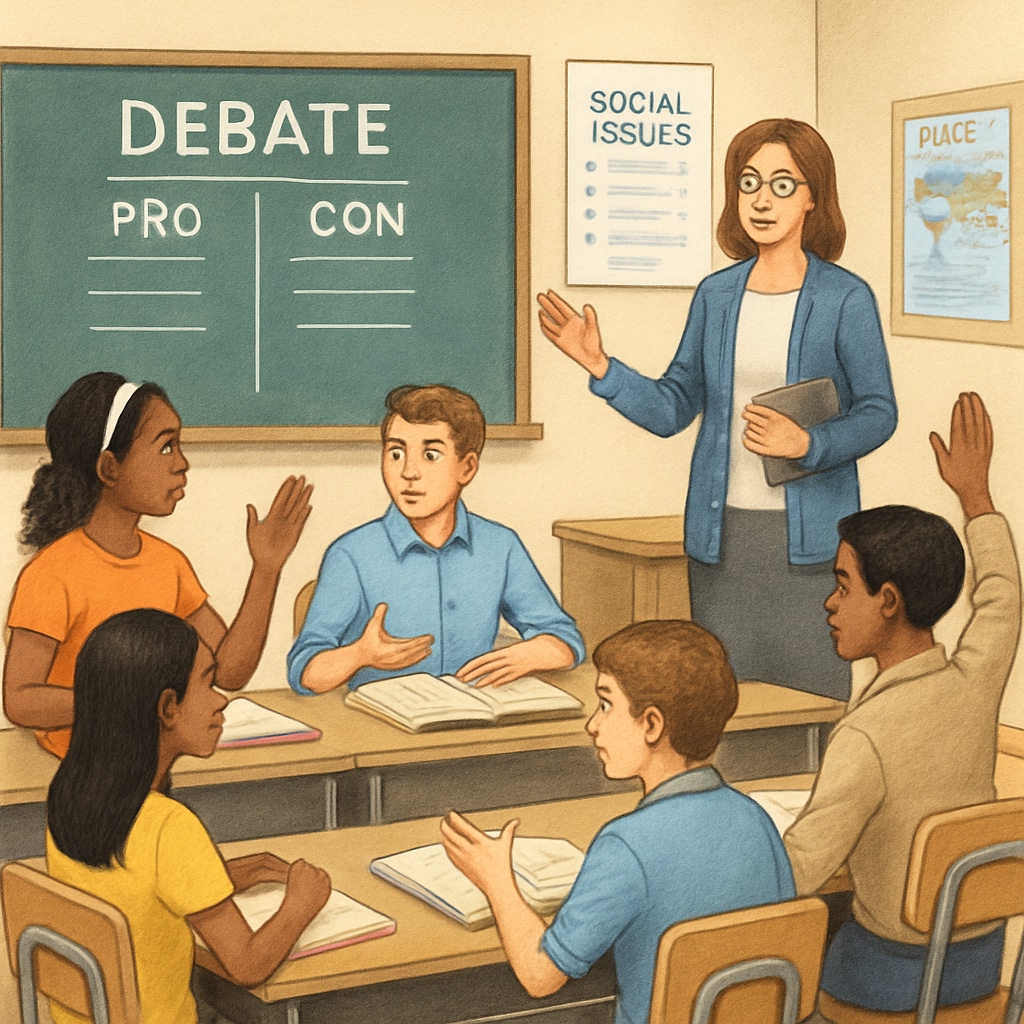 A classroom discussion where diverse students are engaged in a debate about social issues, symbolizing inclusivity in education. Students discussing social justice topics in a classroom setting.