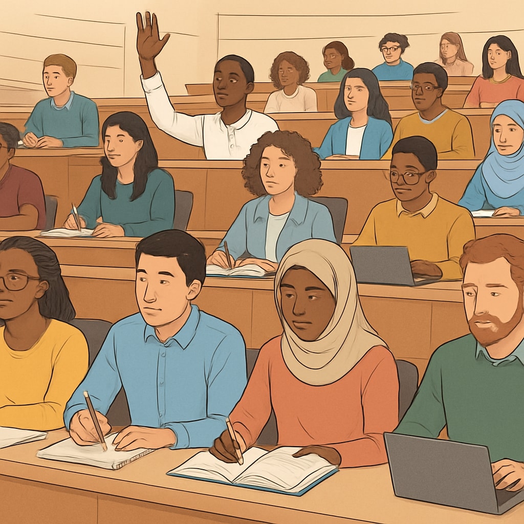 An image of a university auditorium filled with diverse students, symbolizing global education challenges. Diverse students in a university auditorium representing immigrant education struggles.